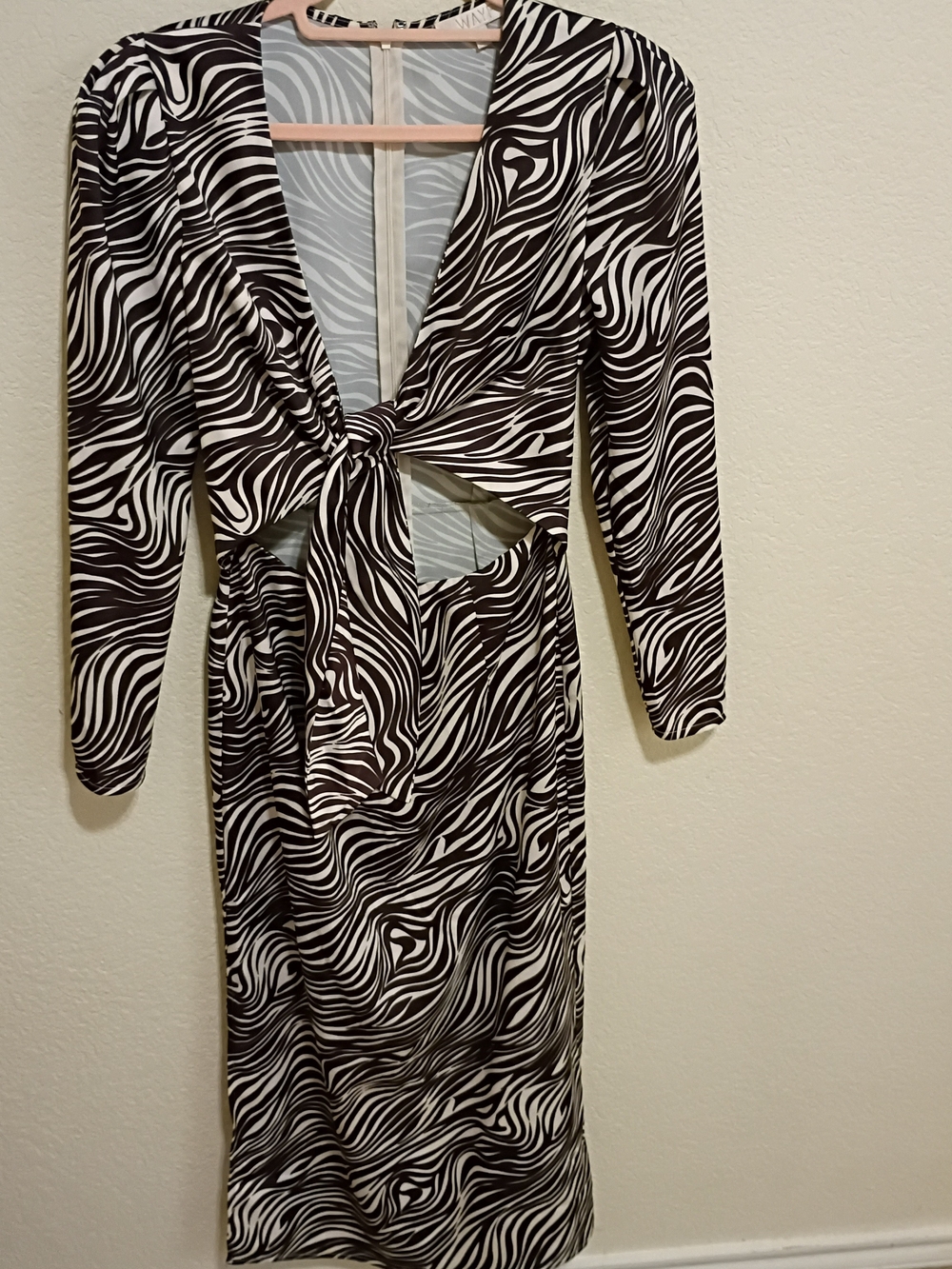 Wayf Black and White Zebra-Print Long Sleeve Tie-Front Dress